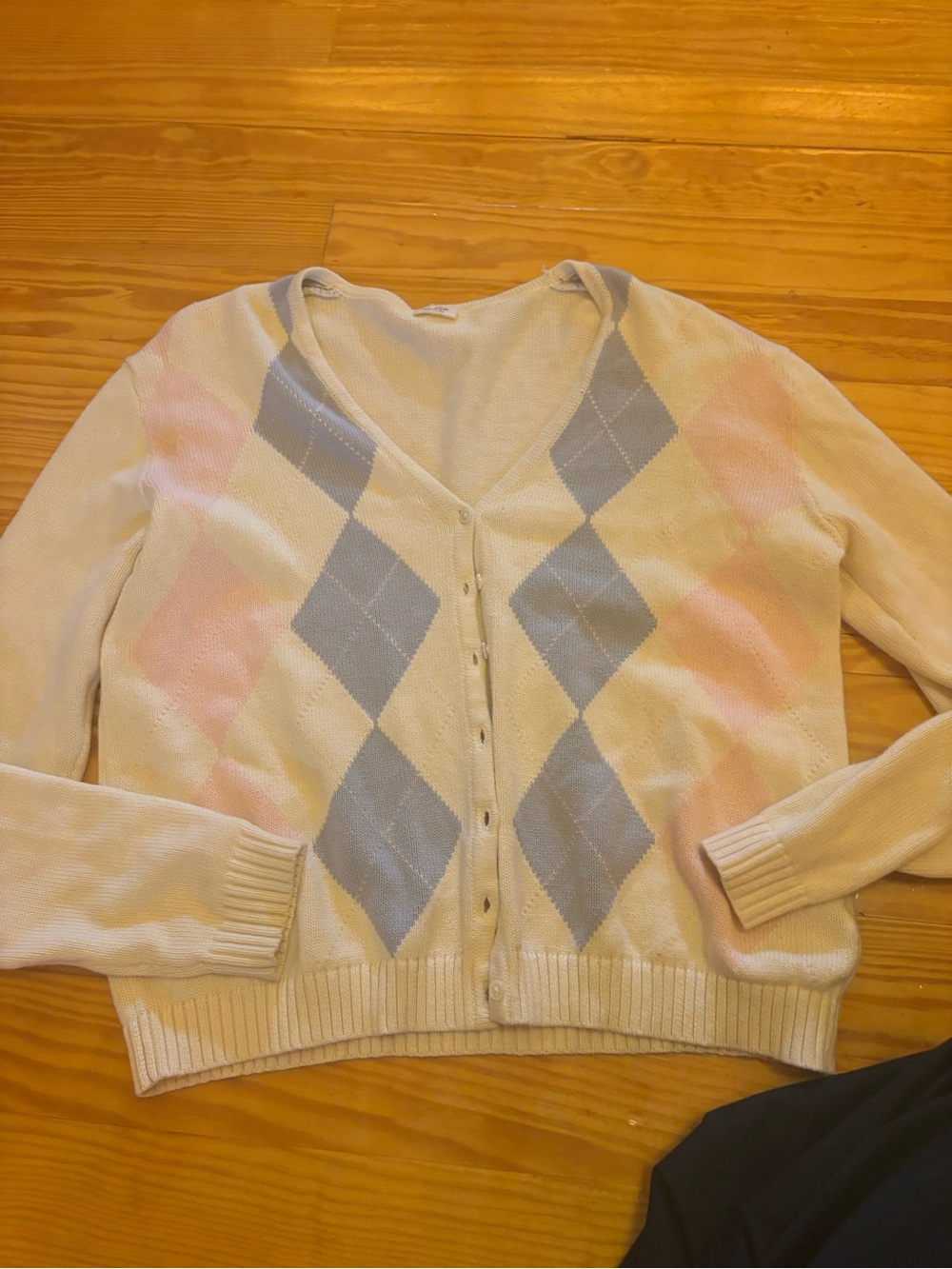 Brandy Melville Cream Cardigan with Pink and Blue Argyle